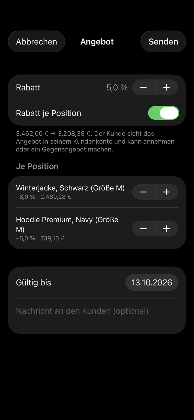 Shopware Mobile App auf dem iPhone: Rabatt setzen und senden