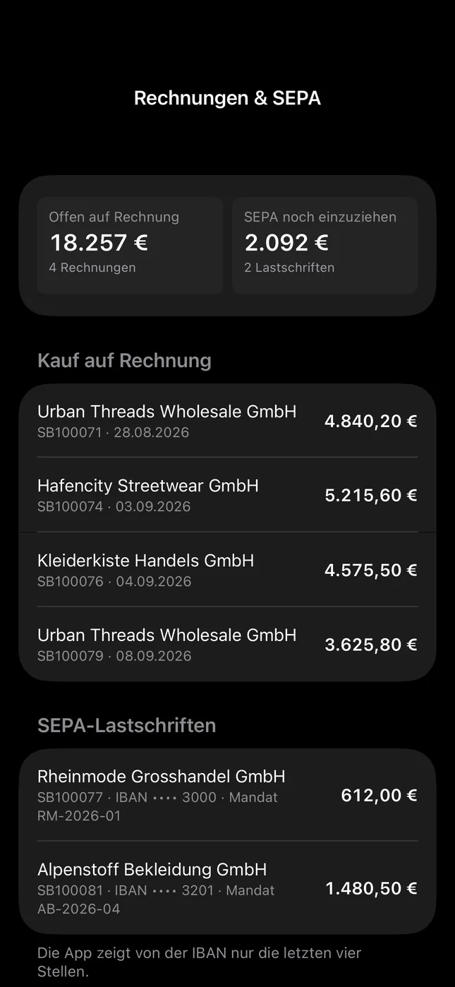 Shopware Mobile App auf dem iPhone: Offene Rechnungen und Lastschriften
