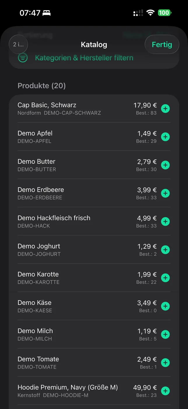 Shopware Mobile App auf dem iPhone: Artikel antippen statt suchen