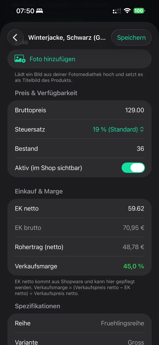 Shopware Mobile App auf dem iPhone: Preis, Bestand und Marge unterwegs ändern